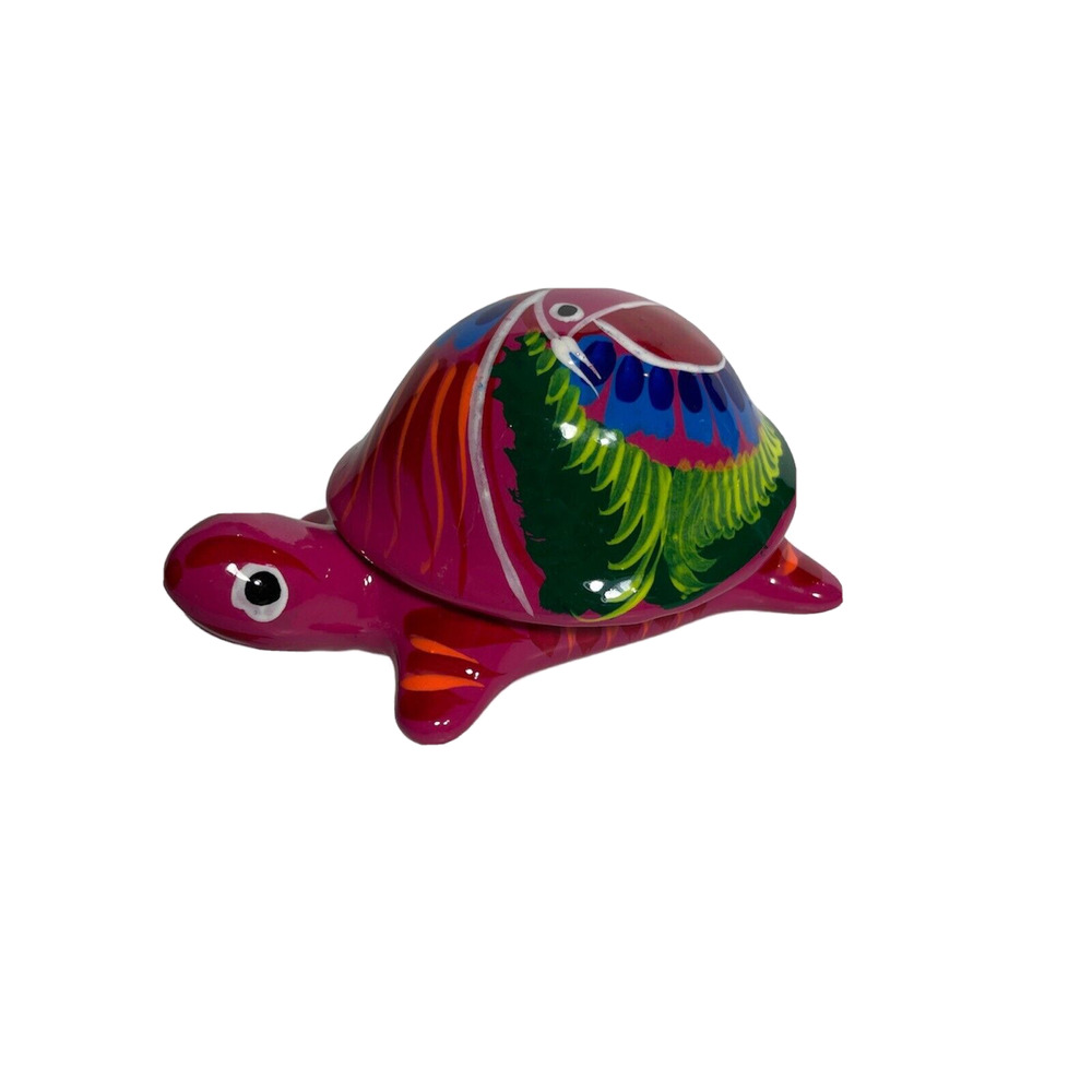 Talavera Mexican Pottery Trinket Box Hand Painted Pink Turtle Floral Bird Design